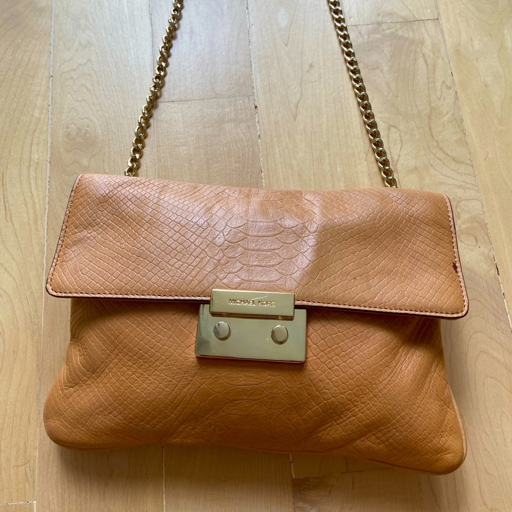 Michael Kors Snakeskin style leather clutch shoulder bag with gold chain
